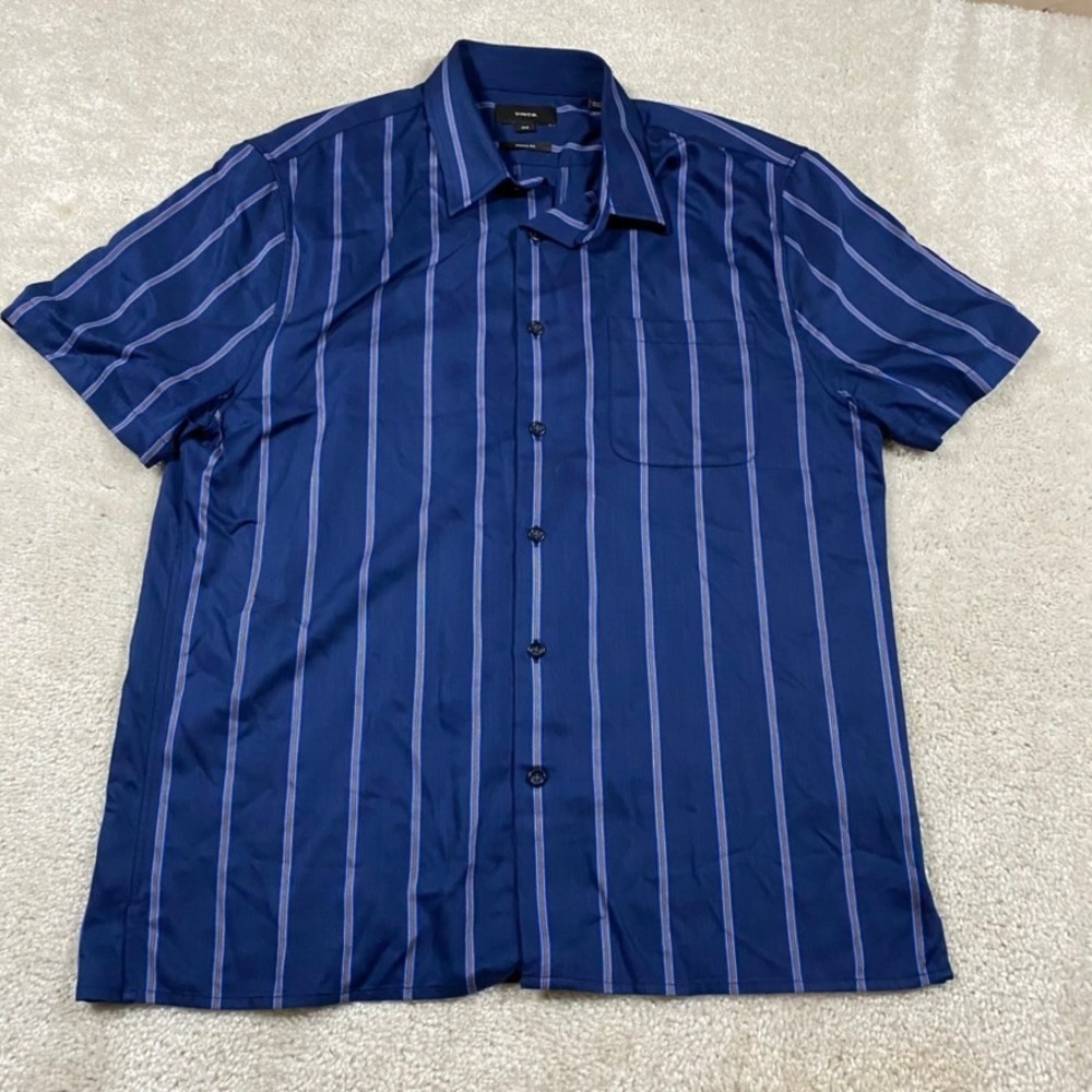 Vince Shirt Mens M Navy Blue Striped Short Sleeve Button Down Viscose